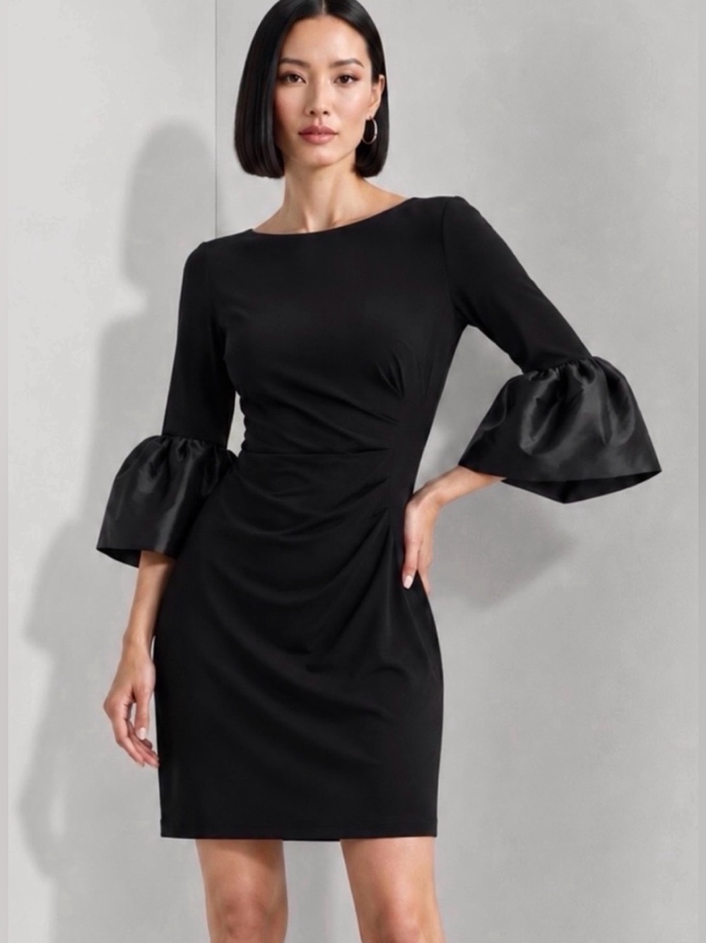 Ralph Lauren Konatta LRL Black Ruched Taffeta Bell-Sleeve Dress Size 12